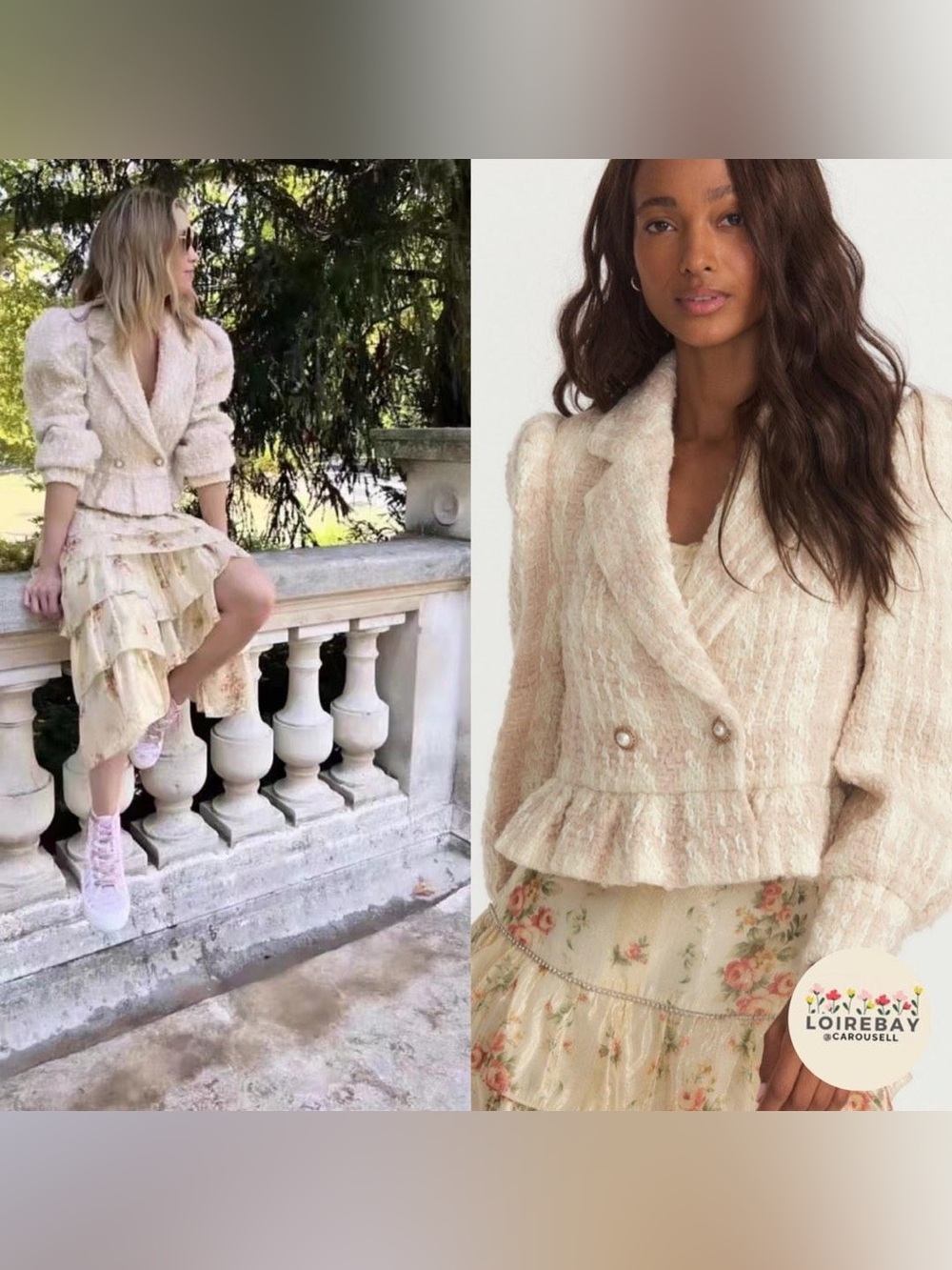 LoveShackFancy Braelyn Crop Jacket Small Cream Bouclé Tweed Peplum Jacket $595